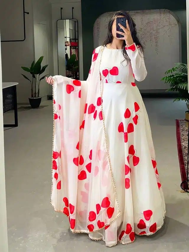 Printed Gown with Dupatta for Women (Red & White, S)