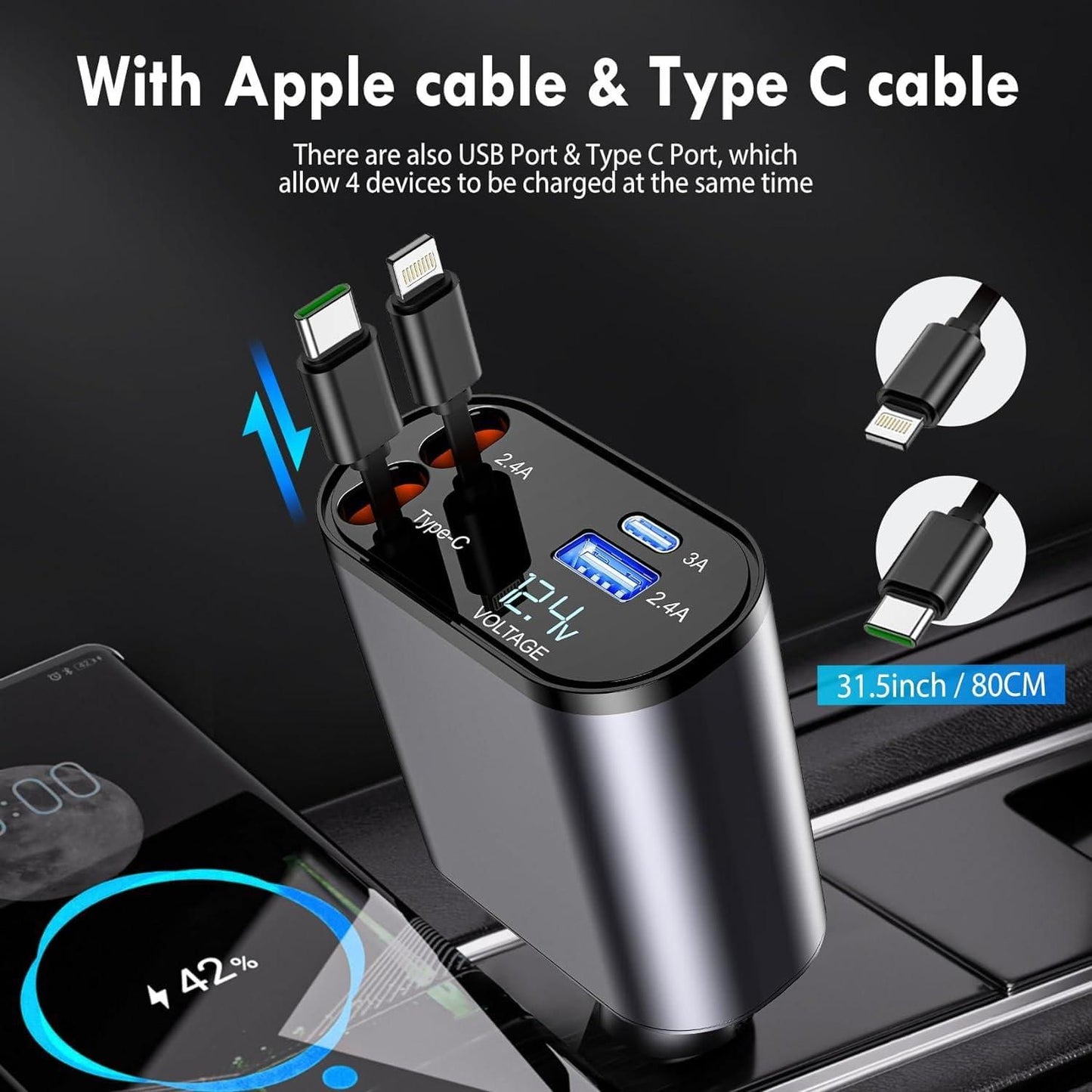 ChargeMate™ Retractable Car Charger – Fast Charging with Tangle-Free Cable