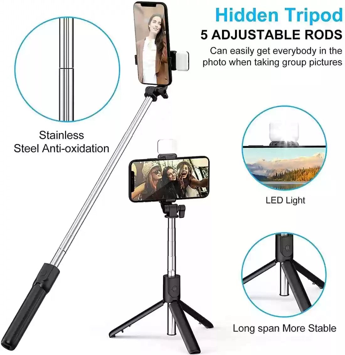 SnapPro™ 3-in-1 Extendable Selfie Stick Tripod with Bluetooth Remote & LED Light – Capture Stunning Shots Anytime