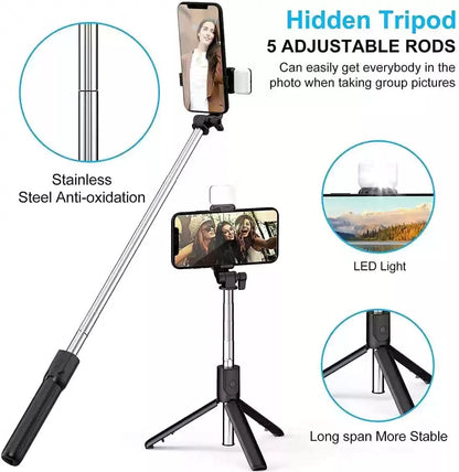 SnapPro™ 3-in-1 Extendable Selfie Stick Tripod with Bluetooth Remote & LED Light – Capture Stunning Shots Anytime